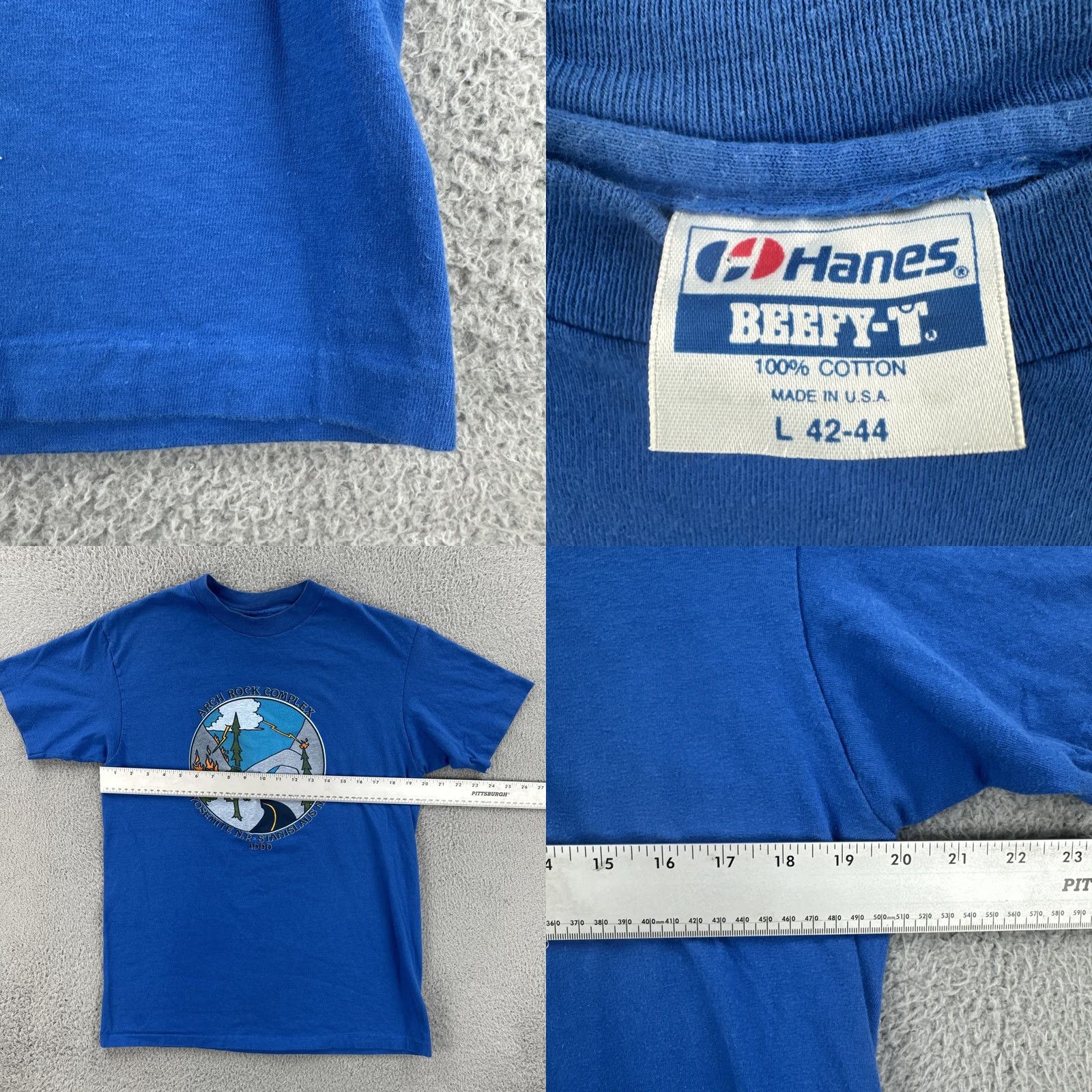Hanes VINTAGE Hanes Beefy-T Shirt Mens L Blue 90s USA Arch Rock Complex Graphic Print Short Sleeve Crew Neck Size US L / EU 52-54 / 3 - 8 Thumbnail
