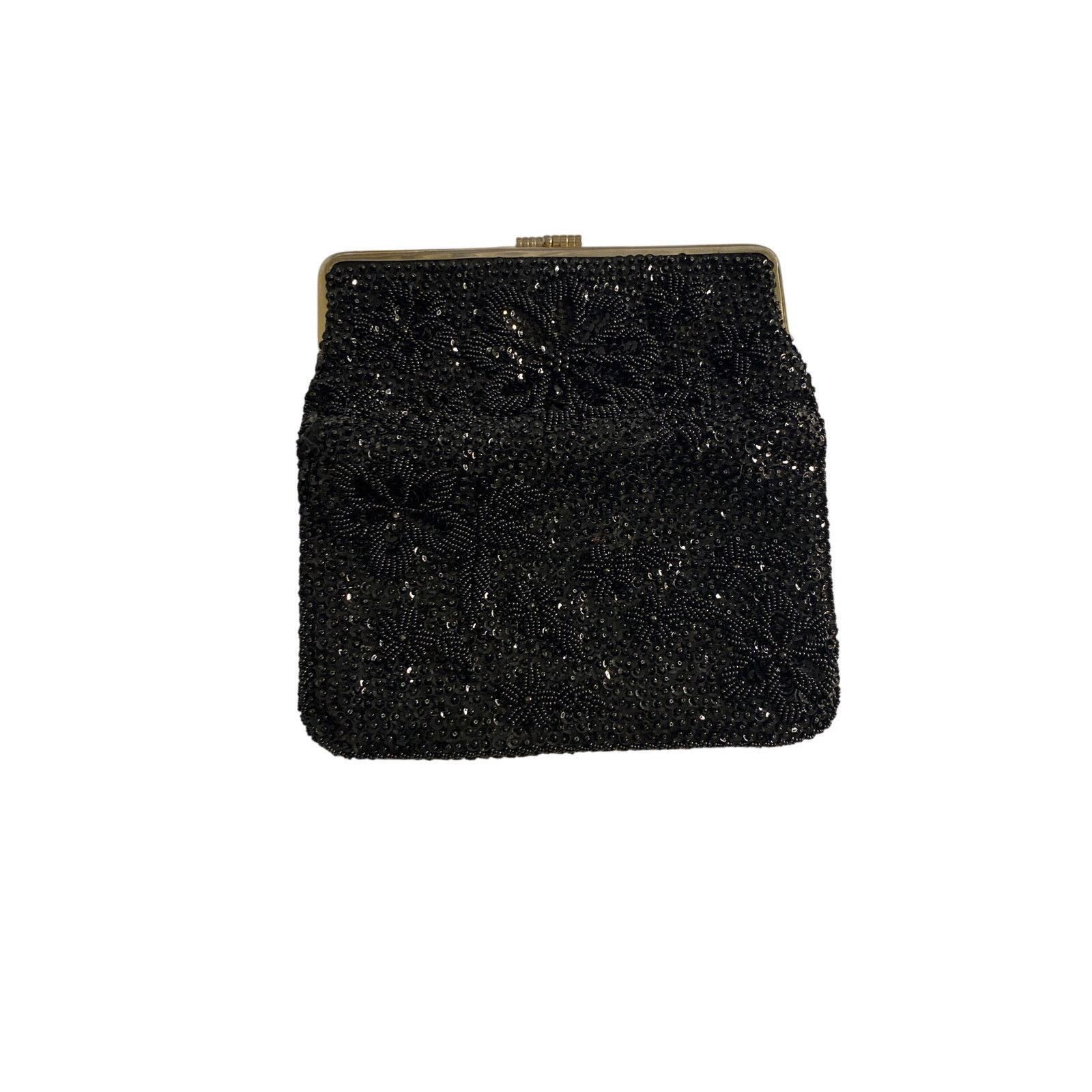 Other Vintage 80s Black Beaded Clutch Purse Evening Bag Elegant Size ONE SIZE - 5 Thumbnail
