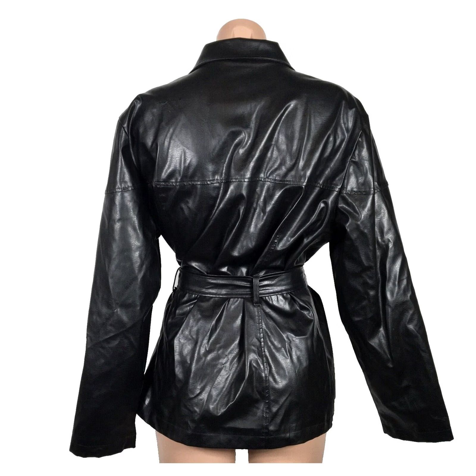 Vintage VINTAGE Y2K RAVE Belted Faux Leather Jacket Long Club Black Womens XL Size XL / US 12-14 / IT 48-50 - 2 Thumbnail