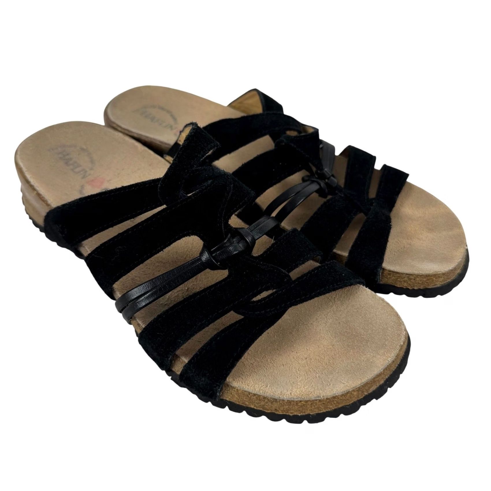 Vintage Haflinger Black Suede Leather Strappy Cork Slide Sandals Womens 38 US 7 Size US 7 / IT 37 - 2 Thumbnail