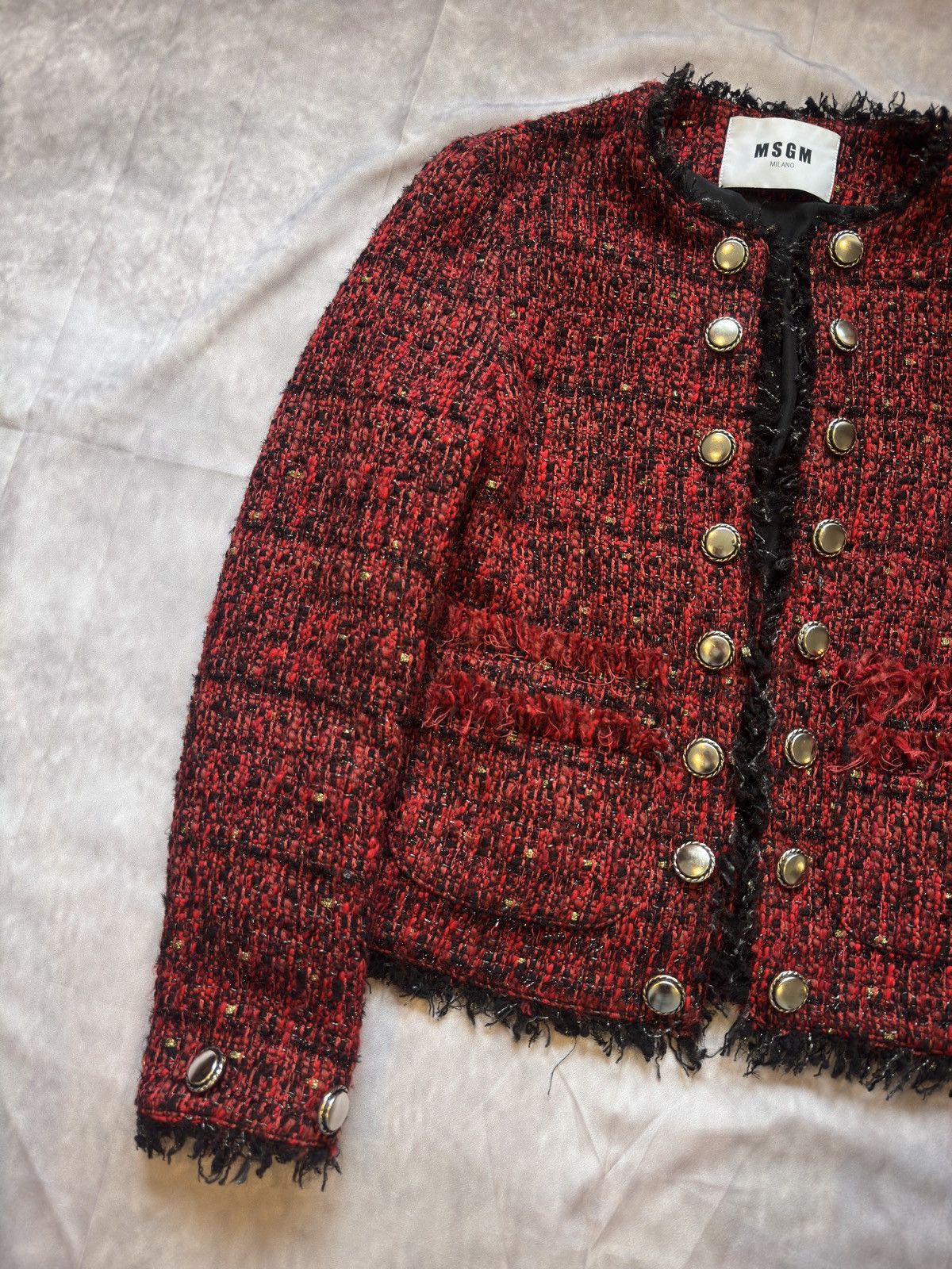 MSGM MSGM Red Tweed Fringed Jacket / Boucle Blazer with Buttons Size XL / US 12-14 / IT 48-50 - 3 Thumbnail