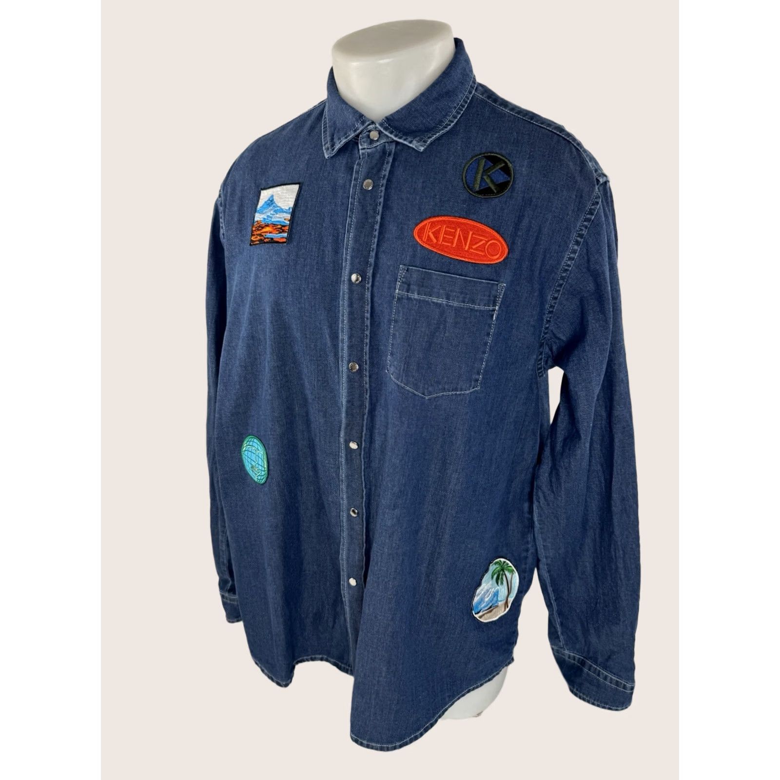 Kenzo KENZO Paris - DENIM Embroidered Patches Metal Snap Shirt - XL Blue Men’s Button-Up Long Sleeve Size US XL / EU 56 / 4 - 1 Thumbnail