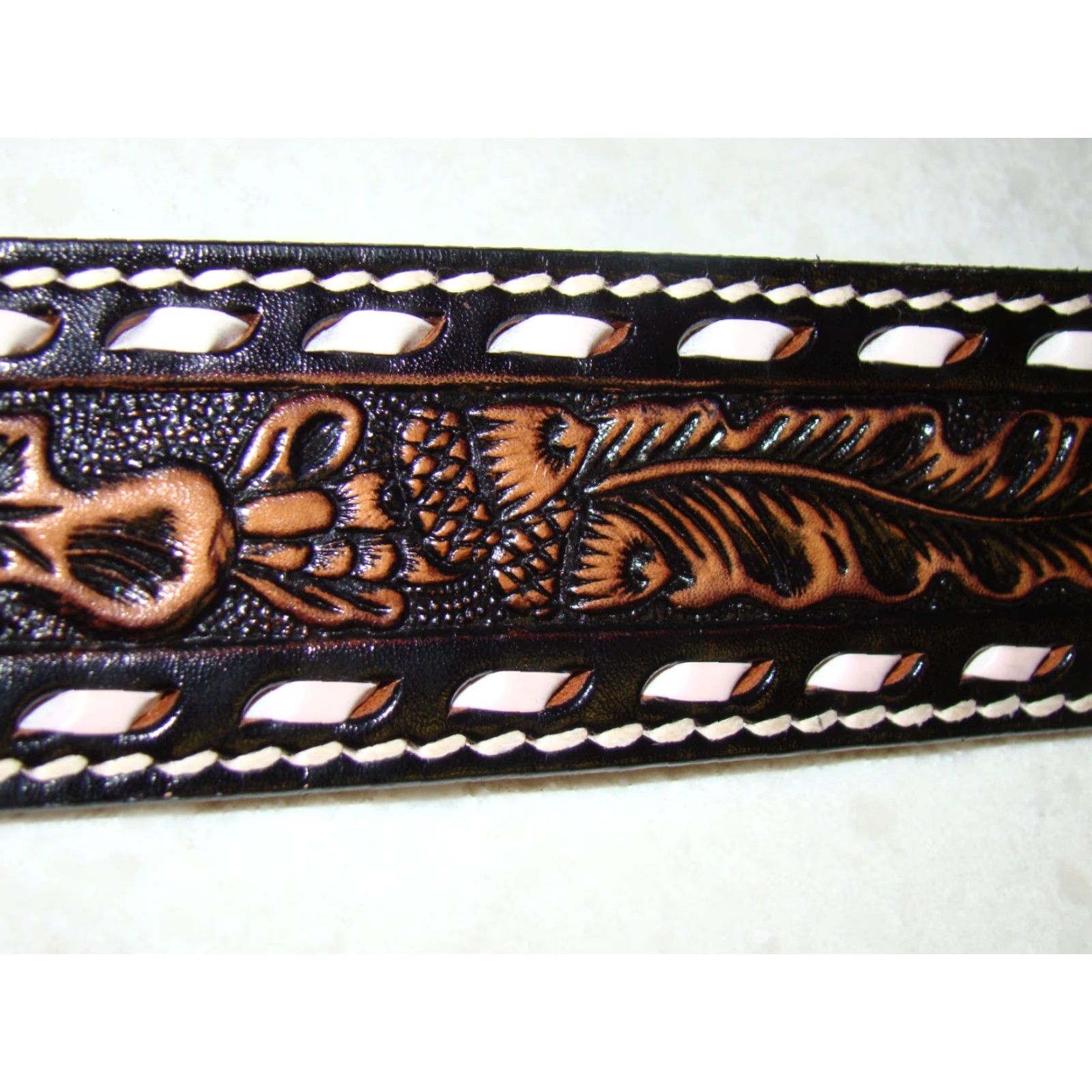 Vintage VINTAGE Tex-Made Belt Mens 38" Tooled Leather Black Brown Cowboy Rodeo Western Belt Size 38 - 3 Thumbnail
