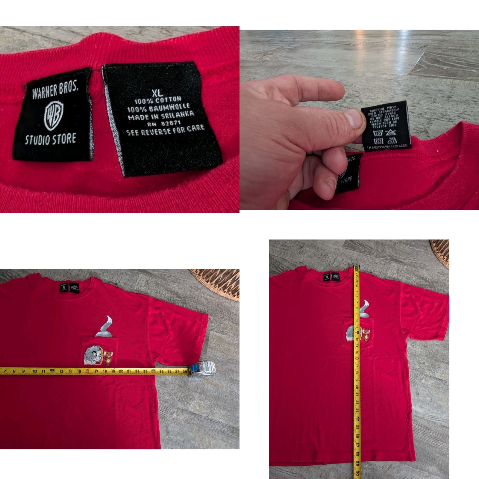 Vintage VINTAGE Warner Bros. Tom & Jerry Embroidered Pocket T-Shirt XL Red 90s Cartoon Mens Size US XL / EU 56 / 4 - 8 Thumbnail