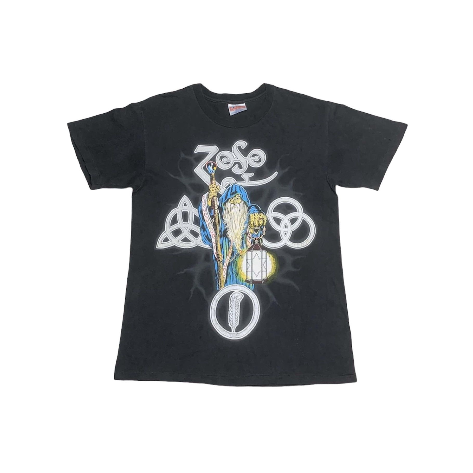 image of Vintage 80's Led Zeppelin Zoso Wizard Single Stitch Band Tee in Black, Men's (Size Medium)
