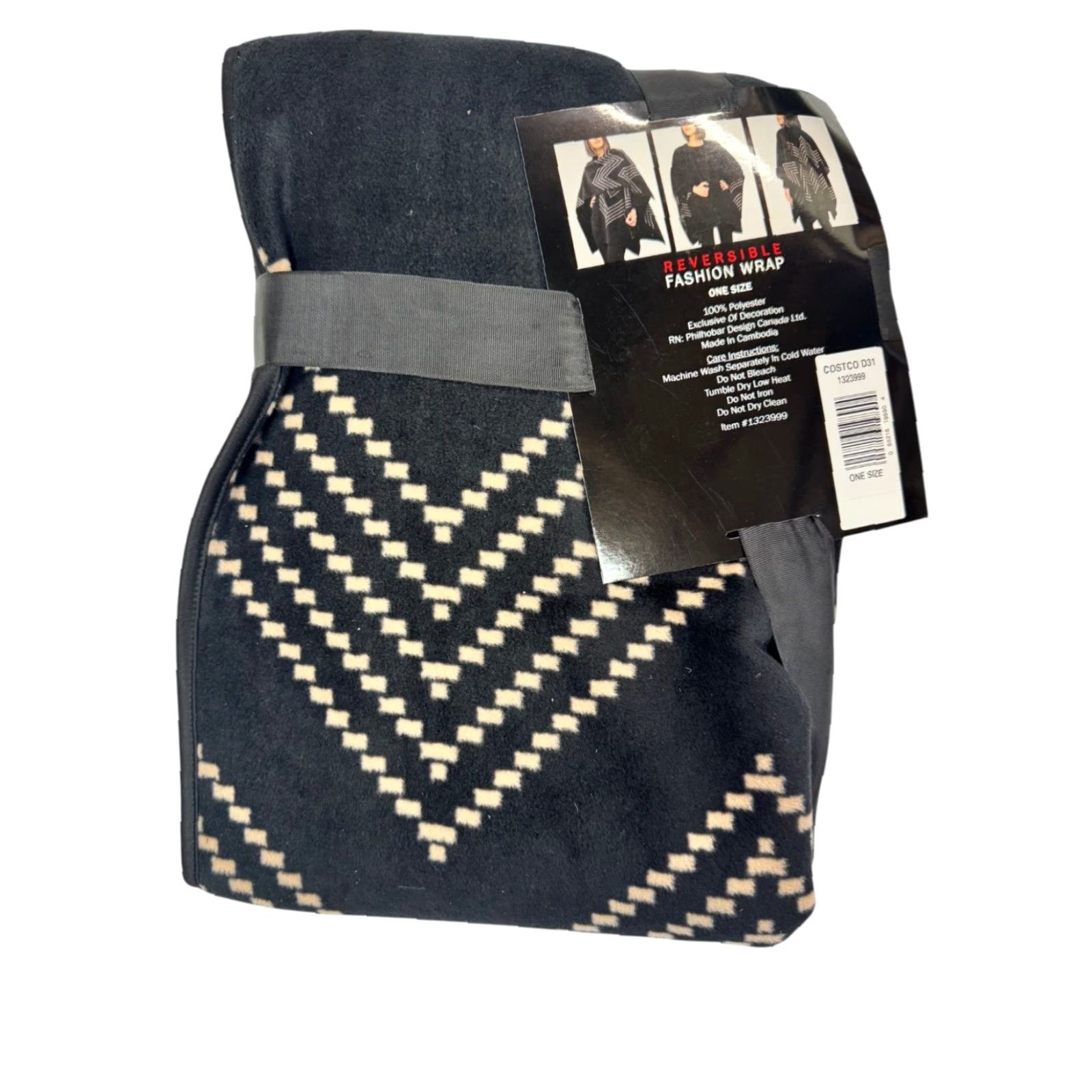 Ike Behar VINTAGE Ike Behar Women's Reversible Wrap Black Beige One Size Chevron Polyester Size ONE SIZE - 2 Thumbnail