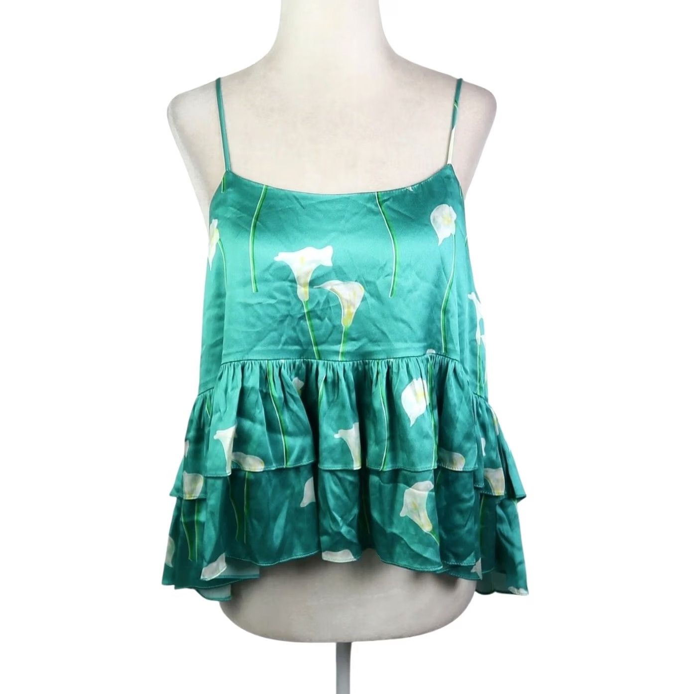 CAROLINE CONSTAS Caroline Constas Nadine Tank Top Teal Green Floral Silk Medium Bohemian Womens Tank Top Size M / US 6-8 / IT 42-44 - 2 Thumbnail
