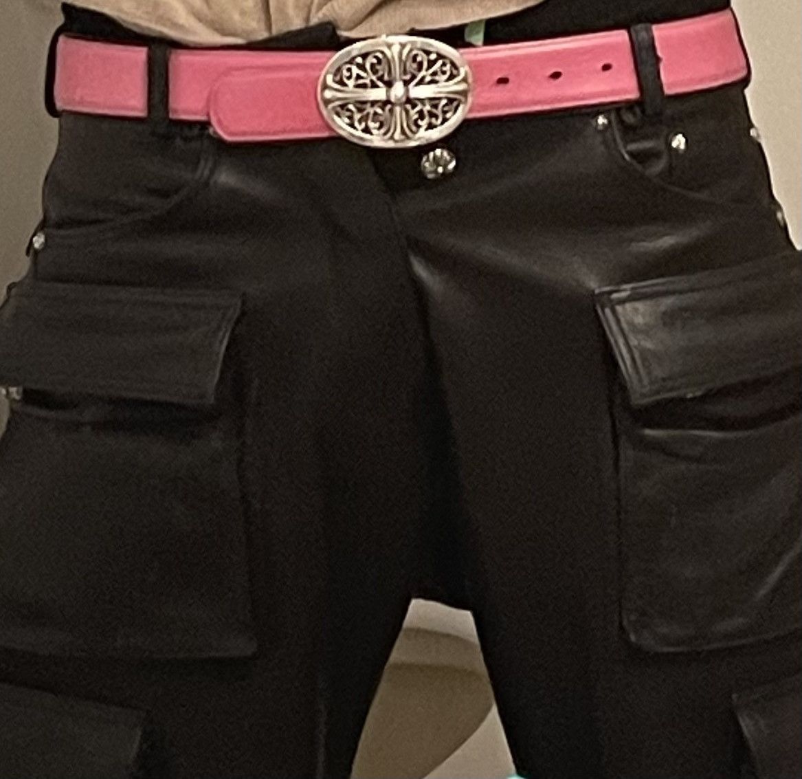 image of Chrome Hearts Pink Leather Belt Strap Rhodium Plated Silver, Men's (Size 32)