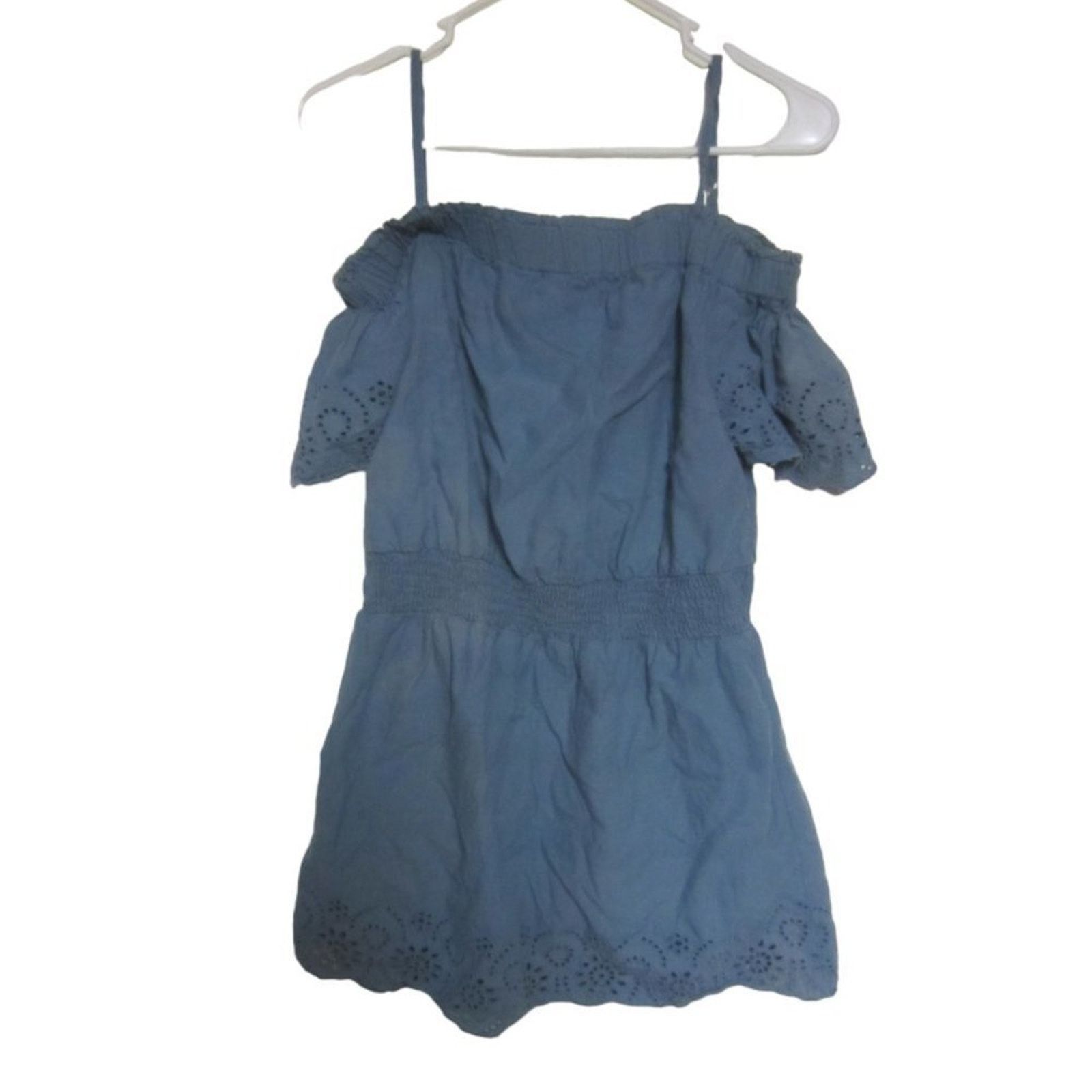 Blush Blush Blue Eyelet Off Shoulder Mini Dress Boho Summer Large Size 27" / US 4 / IT 40 - 2 Thumbnail