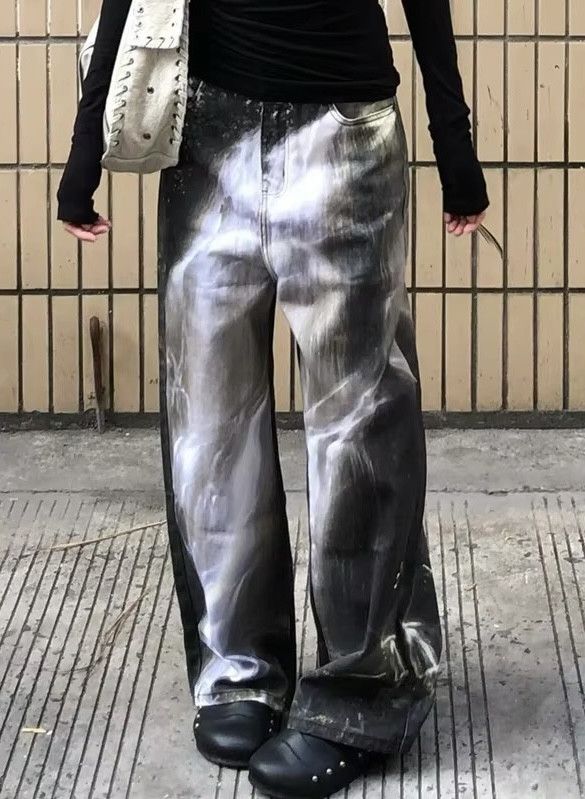 Y2K Printed Washed Straight Jeans