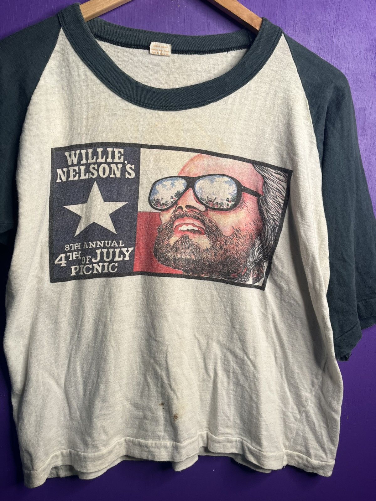 Band Tees × Vintage Vintage 70s Willie Nelson 4th of July picnic raglan Size US M / EU 48-50 / 2 - 3 Thumbnail