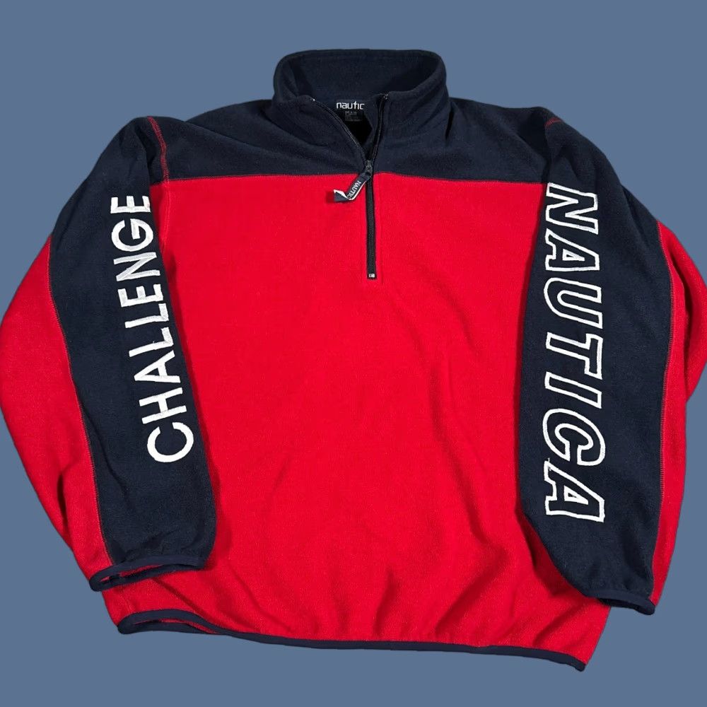 VINTAGE Nautica Pullover Mens M 90s Red Fleece Embroidered NAUTICA CHALLENGE Spell Out 1/4 Zip Logo Winter Fall Spring