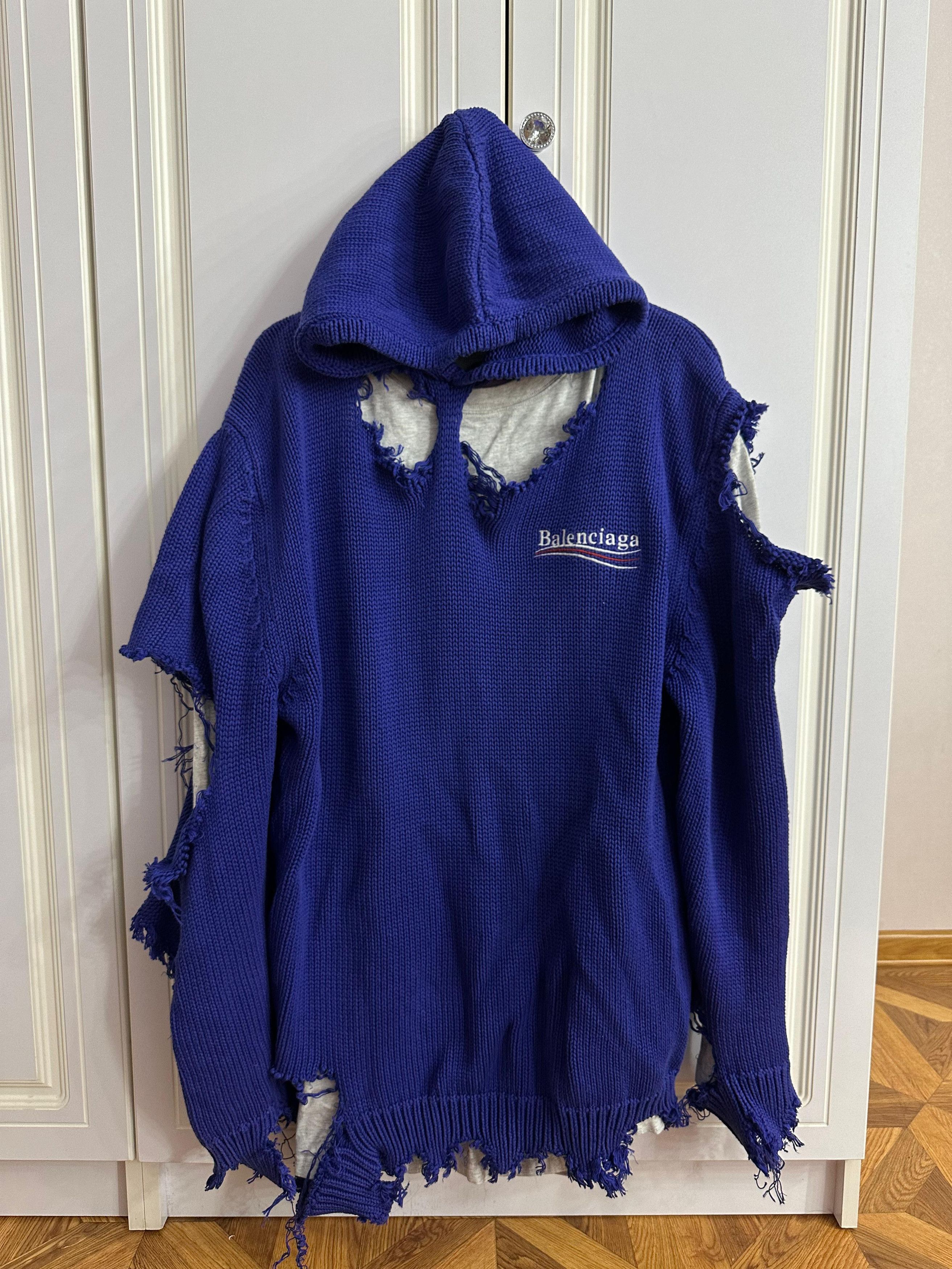 Balenciaga Balenciaga Political Campaign Destroyed Knit Hoodie in Blue Grailed