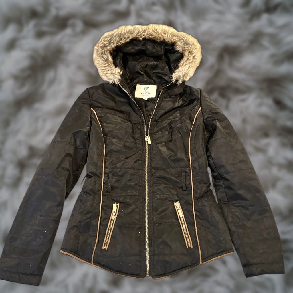 Guess Guess Jacket Womens Small Black Puffer Hooded Faux Fur Trim Full Zip Winter Cozy Casual Travel Size S / US 4 / IT 40 - 1 Thumbnail