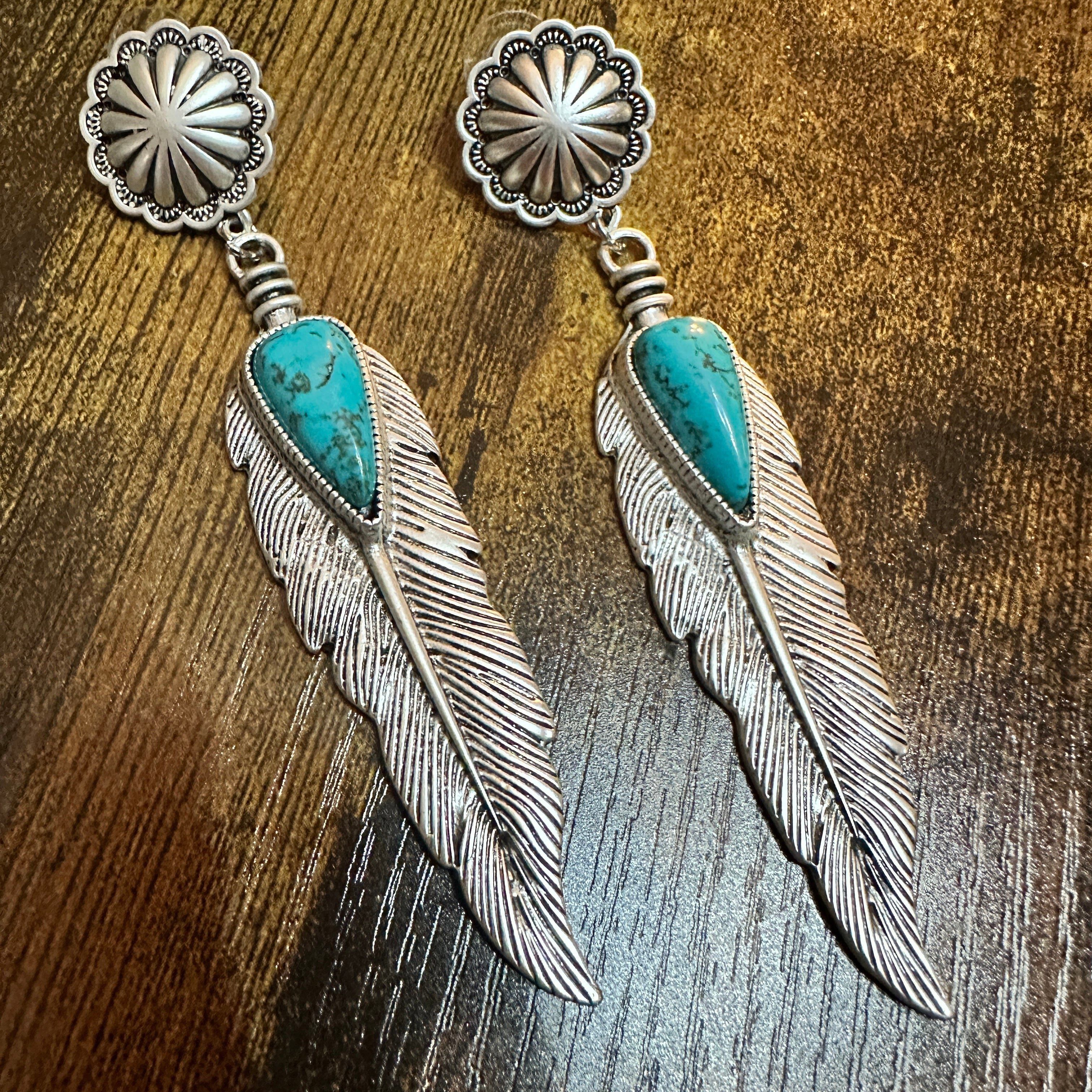 Other Feather Turquoise Post Earrings 4 Inches Long Antique Silver Size ONE SIZE - 4 Thumbnail