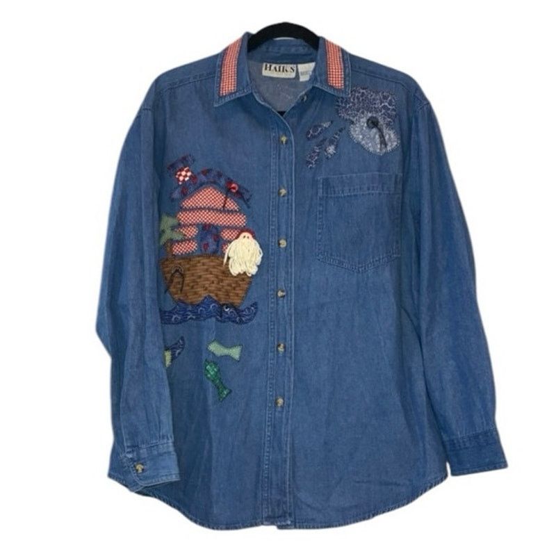 Vintage Haiks Holiday Blue Denim Button Down Shirt Santa Moose Fish Size M / US 6-8 / IT 42-44 - 1 Thumbnail