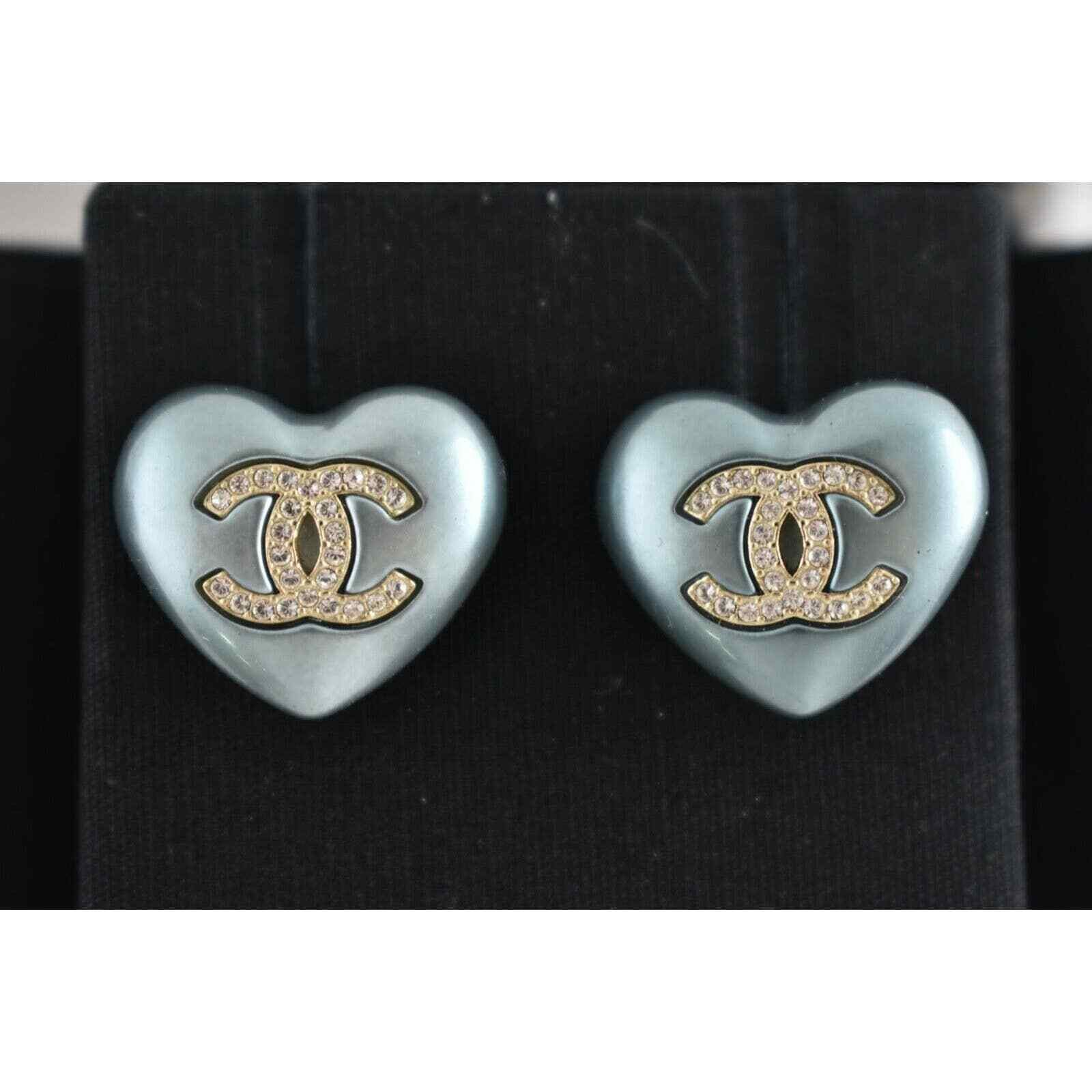 Chanel Chanel Heart Shape Pearly Blue Gold Crystal Stud Earrings Size ONE SIZE - 3 Thumbnail