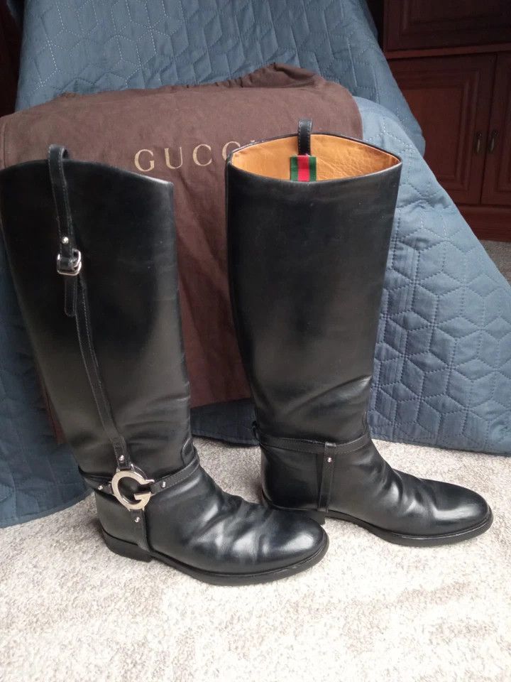 Black Leather Riding Boots with G Strap