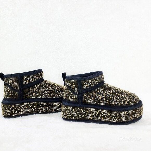 Other Ego Flashy Platform Ankle Boots Black w/ Gold Rhinestones Size US 8 / IT 38 - 4 Thumbnail