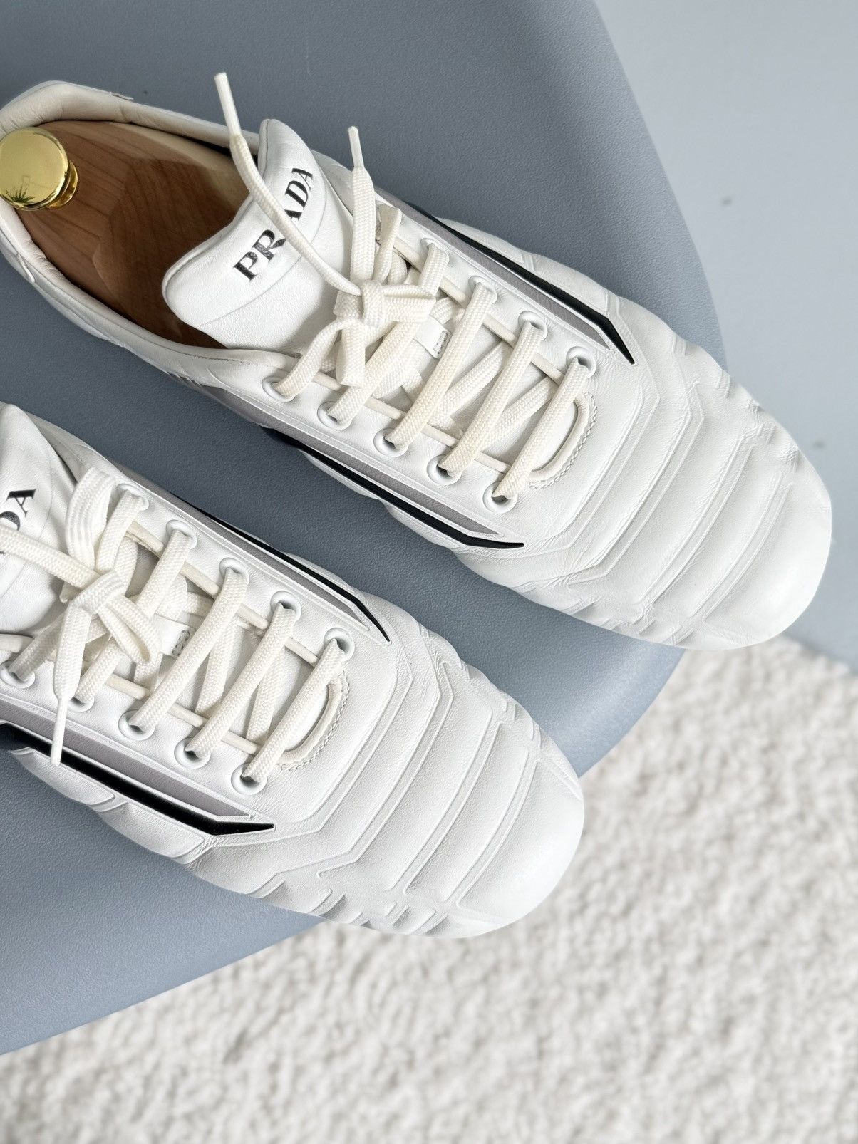 Prada Prada Rev Sneakers White Padded Leather Gray Stripe Low Top Size US 9 / IT 39 - 5 Thumbnail