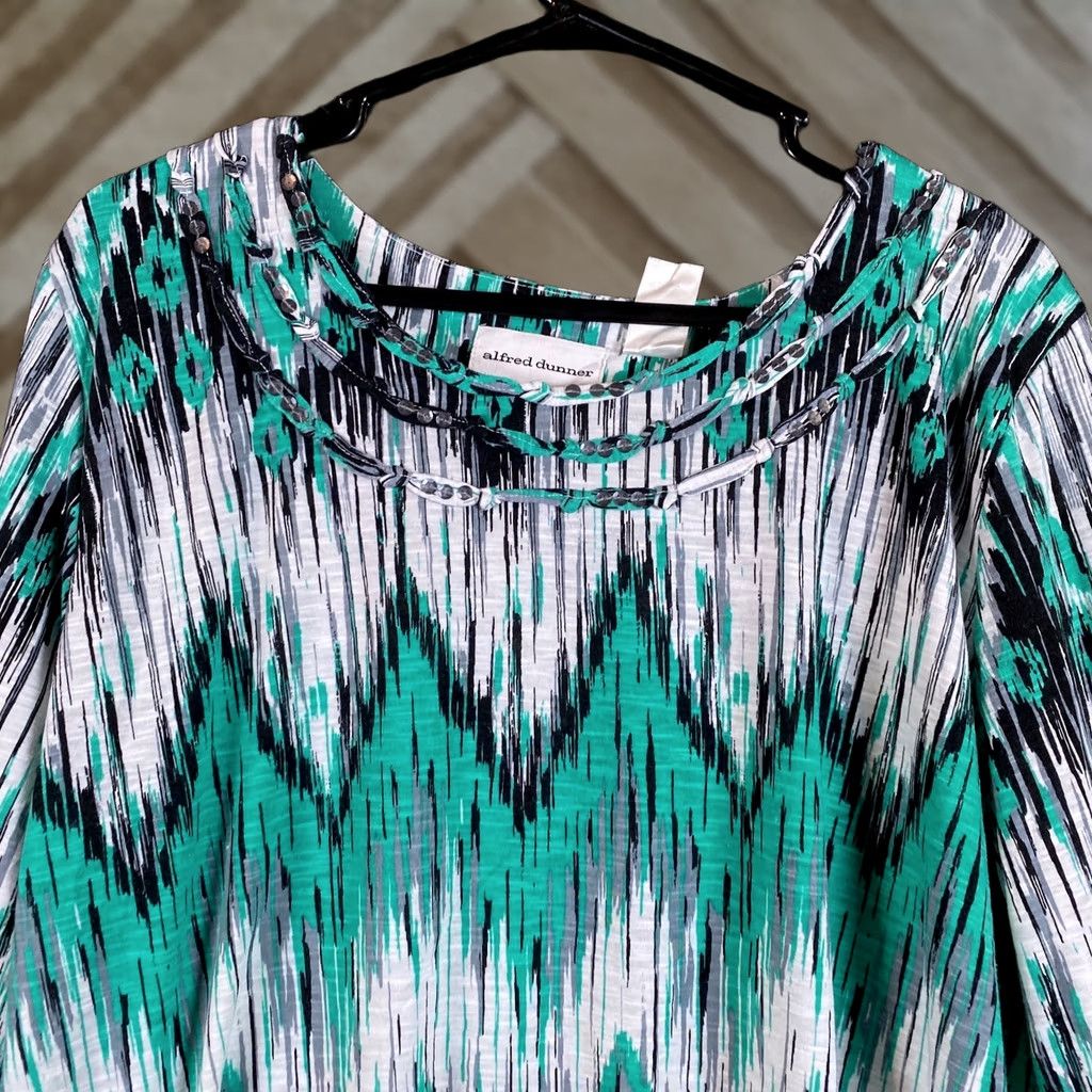 Vintage Alfred Dunner Women Blouse Green Black Fair Isle Geometric 3/4 Sleeve Stretch XL Size XL / US 12-14 / IT 48-50 - 1 Thumbnail