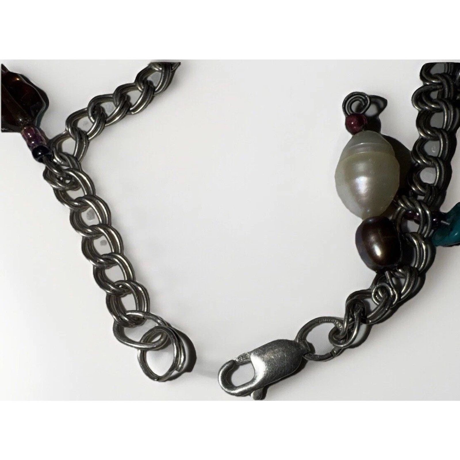Sterling Silver Signed 925 Sterling Silver Charm & Beaded Bracelet 6.75” Size ONE SIZE - 11 Thumbnail