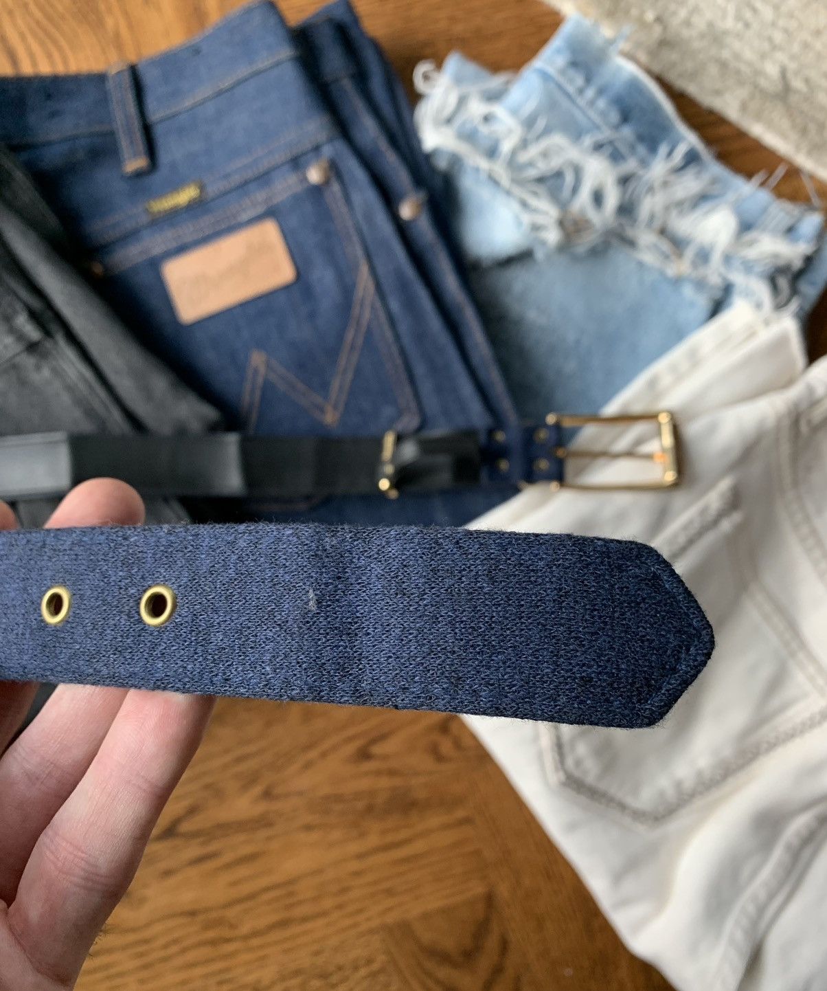 Vintage 1970s Belt 80s Vintage Waist Blue Fabric Gold Brass Buckle M Size ONE SIZE - 5 Thumbnail