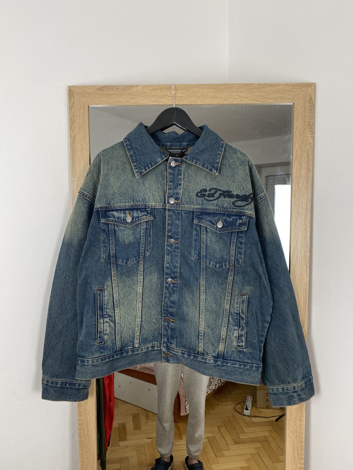 Oversized washed blue denim jacket big logo by Ed Hardy