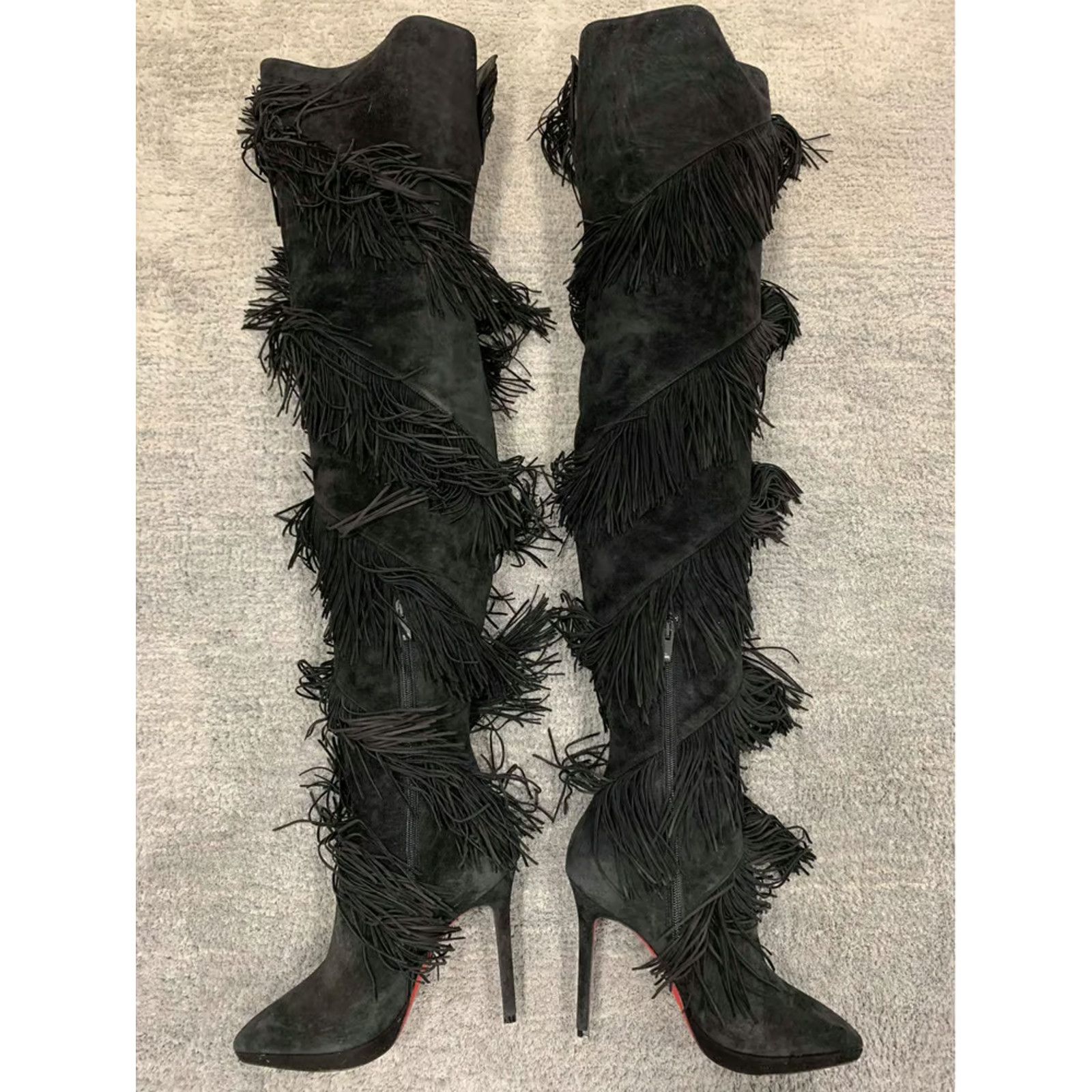 Christian Louboutin Christian Louboutin Bolcheva 120 Black Fringe Thigh High OTK Size US 6.5 / IT 36.5 - 10 Thumbnail