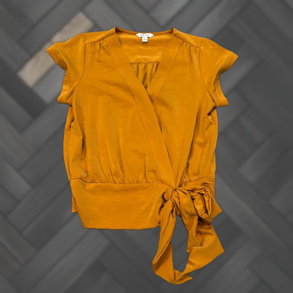 Nine West Nine West Blouse Womens Medium Mustard Yellow Faux Wrap Tie Waist V Neck Short Sleeve Classic Easy Care Regular Fit Size M / US 6-8 / IT 42-44 - 1 Thumbnail