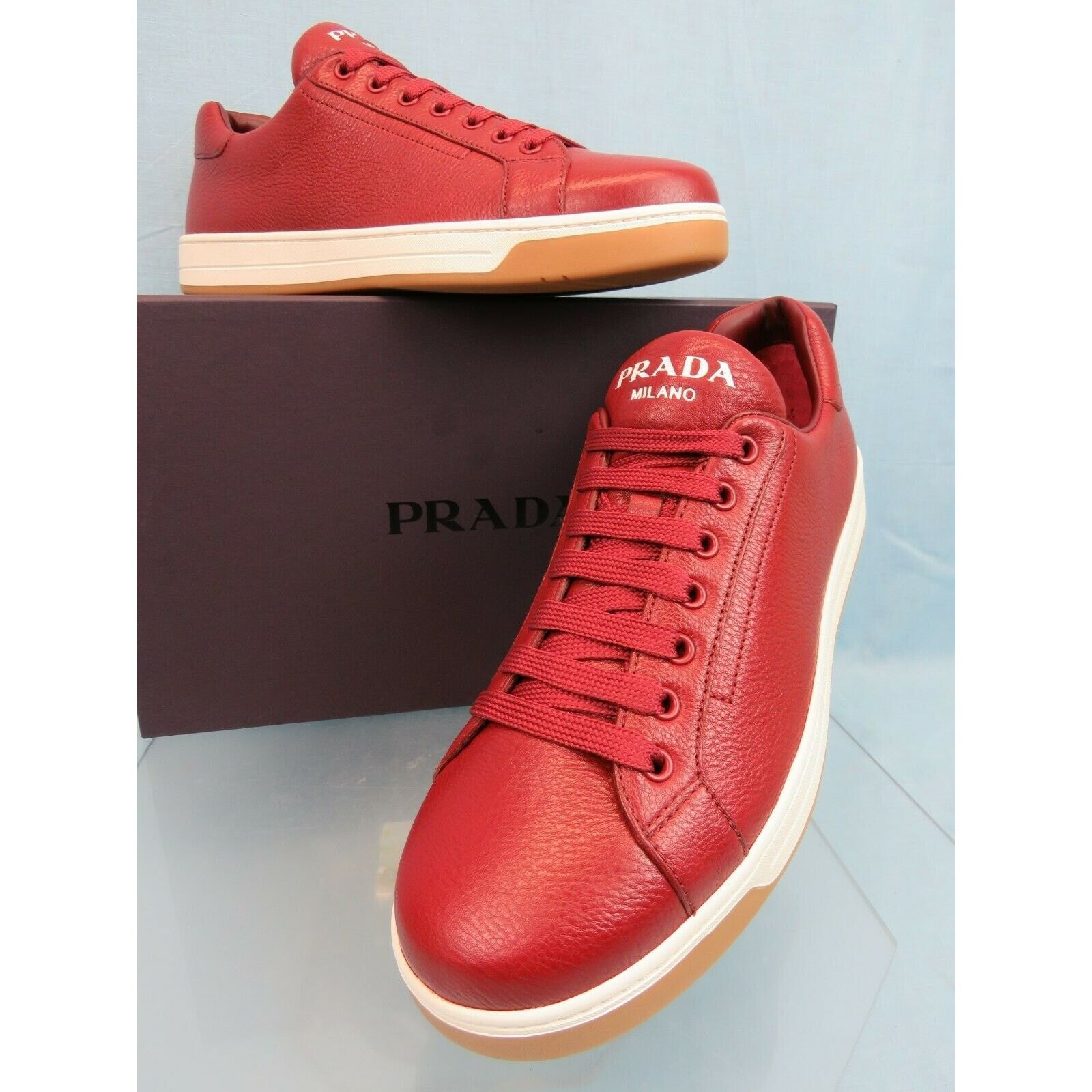 Prada 4E3507 RED TEXTURED LEATHER LOGO LOW TOP SNEAKERS 7.5 Size US 8.5 / EU 41-42 - 4 Thumbnail