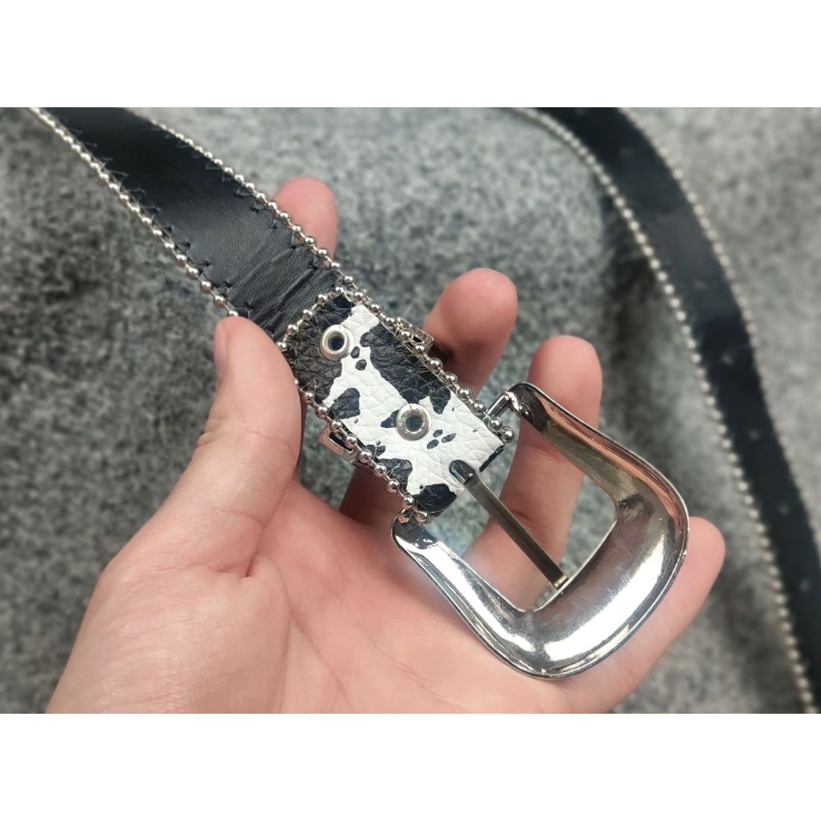 Logo 7 VINTAGE Hysteric Japan style Y2K Metal Logo Black Cow Print Leather Belt Women One Size Adjustable Studded Pattern Animal Print 90s Logo Vintage Belt Size ONE SIZE - 8 Thumbnail