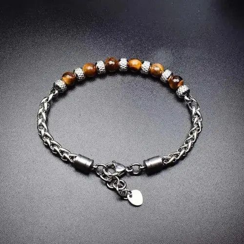 Handmade 6mm Brown Stone Beads Stainless Steel Bracelet Size ONE SIZE - 6 Thumbnail