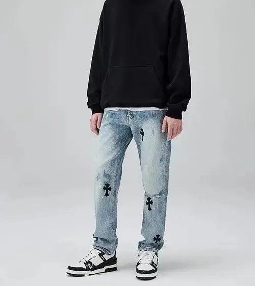 Japanese Brand × Jean High Street Washed Distressed Cross Print Straight Leg Jeans Size US 32 / EU 48 - 3 Thumbnail