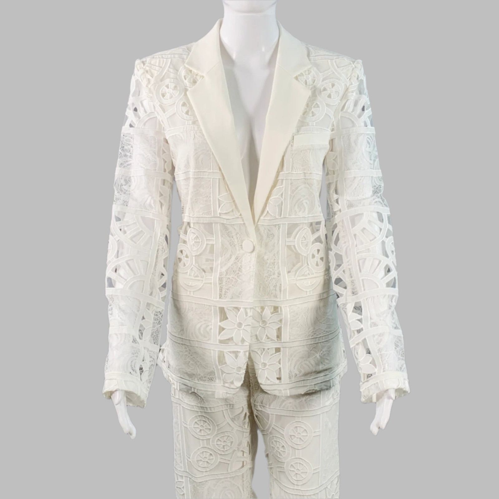 ALEXIS M Cream Polyester Cotton Lace Notch Lapel Pantsuit
