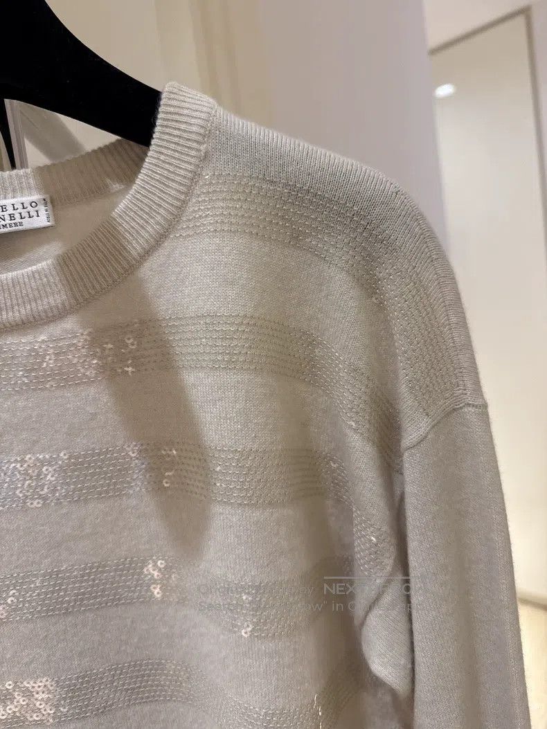 Brunello Cucinelli Brunello Cucinelli Oatmeal striped sequined cashmere knitt Size S / US 4 / IT 40 - 3 Thumbnail