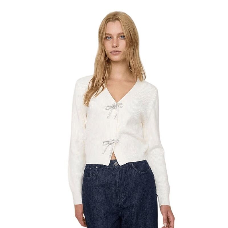 H&M H&M White Rhinestone Bow V-Neck Cardigan Sweater Size L Size L / US 10 / IT 46 - 1 Thumbnail