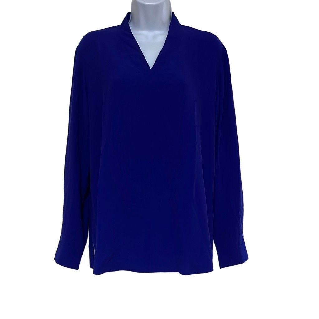 Image of Eileen Fisher Women Small Georgette 100% Silk Blouse Blue Pu