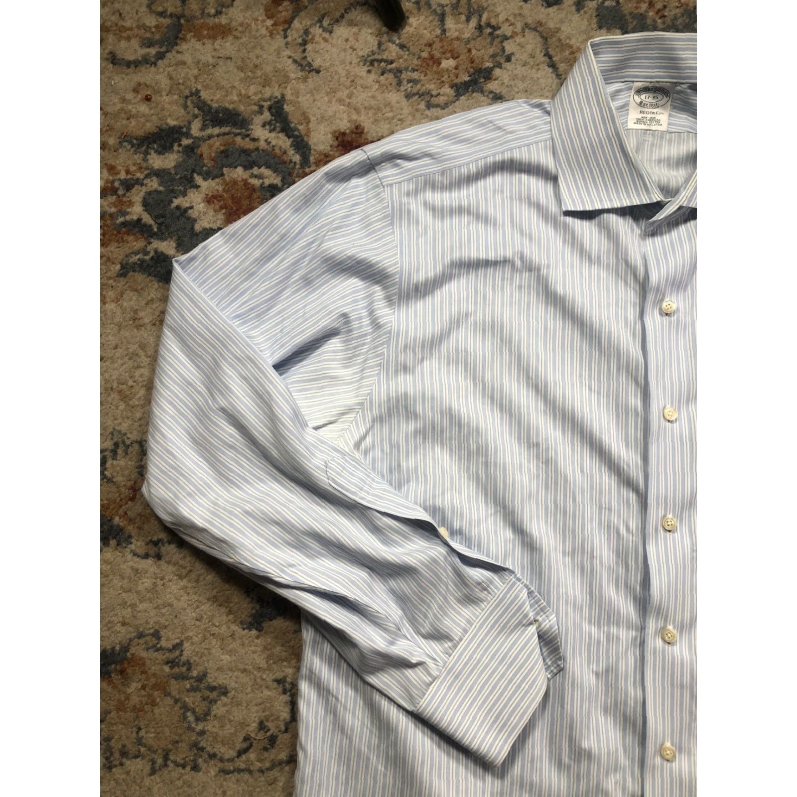 Brooks Brothers Brooks Brothers Dress Shirt Mens 17 34/35 Blue Stripe Non-Iron Supima Regent Shirt Slim Striped Pattern Size 46R - 3 Thumbnail