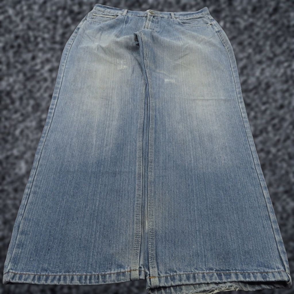 VINTAGE Artful Dodger Jeans Mens 38 Baggy Grunge Skater Embroidered 10 Leg Opening Pipes Denim 5-Pocket Design Blue Cotton