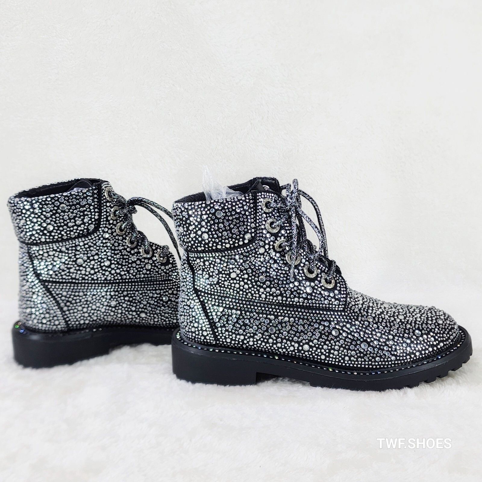 Wonder Sparkling Rhinestone Combat Ankle Boots Metallic Blac