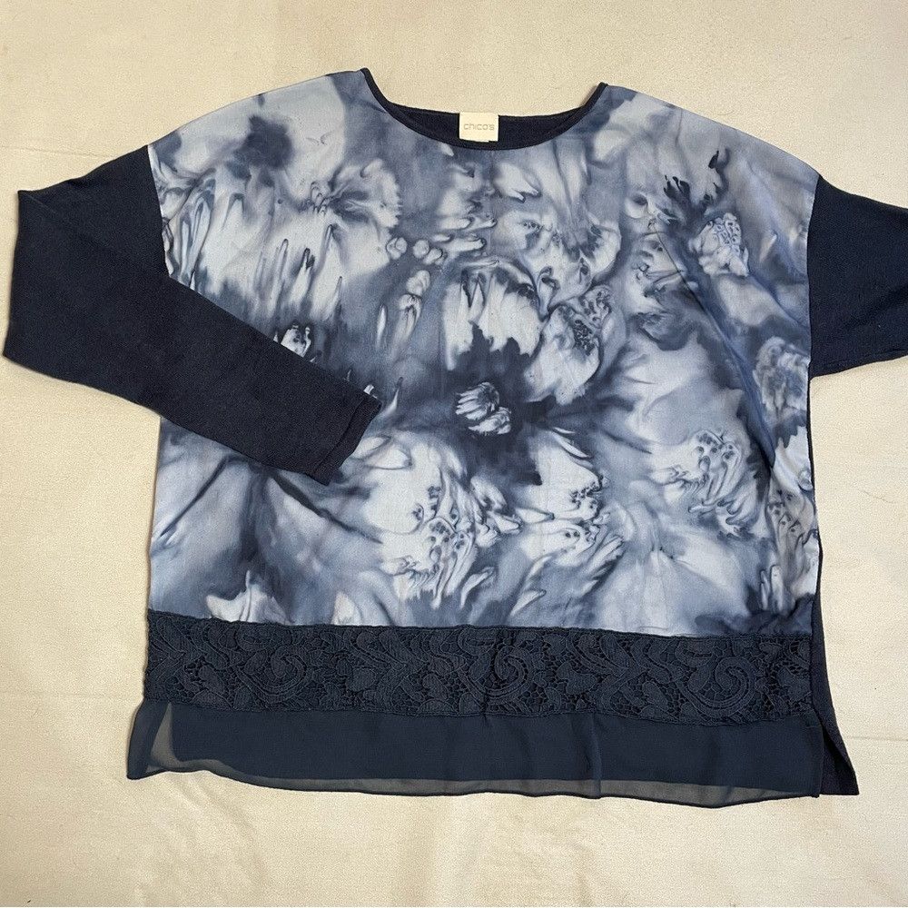 Chicos Chico's Blue Floral Sweater Size 2 US L Size L / US 10 / IT 46 - 5 Thumbnail