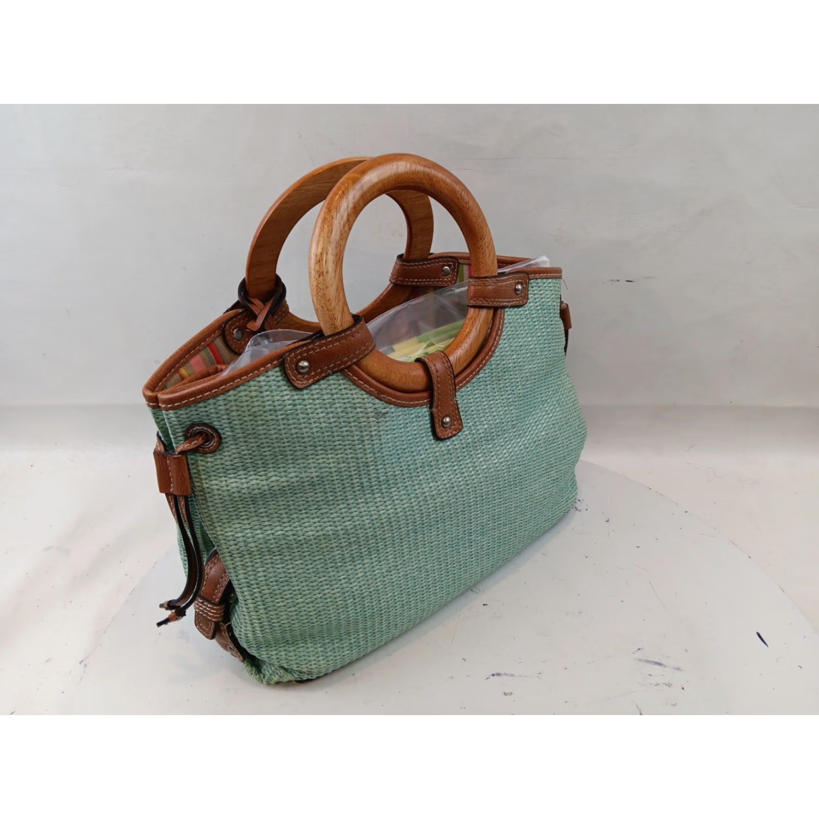 Fossil Fossil Wicker Woven Handbag Satchel Seafoam Green Leather Trim Wooden Handles Size ONE SIZE - 2 Thumbnail