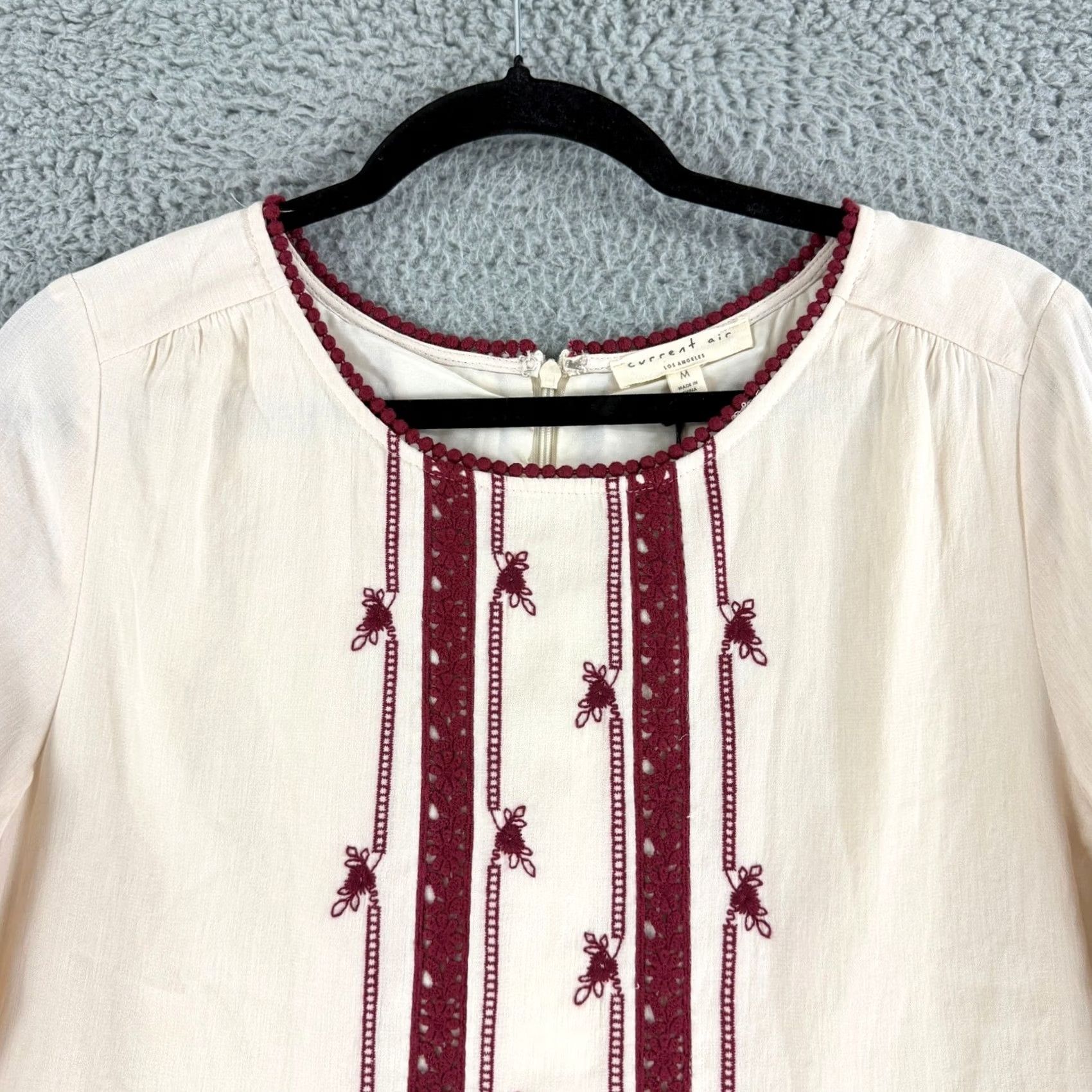 Vintage Current Air Mini Dress Womens M Ivory Burgundy Embroidered Boho Round Neck Long Sleeve A-Line Short Dress Size M / US 6-8 / IT 42-44 - 3 Thumbnail