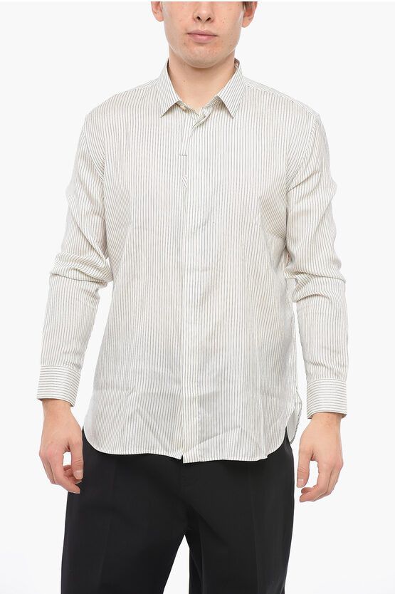 image of Saint Laurent Paris Og1Mm0524 Silk Pinstriped Shirt In White, Men's (Size Medium)