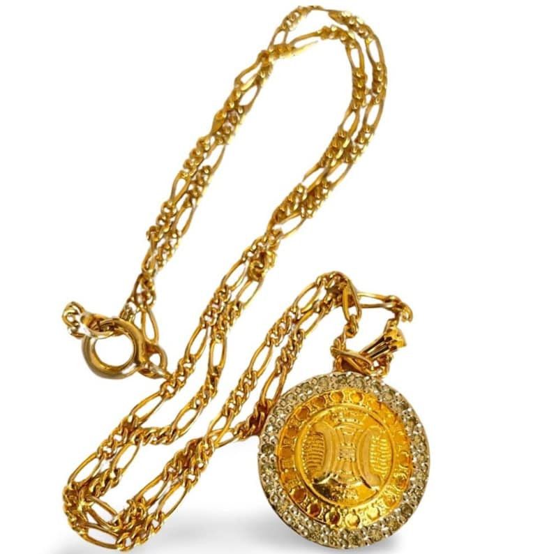 image of Celine Vintage Golden Round Logo With Rhinestone Pendant Top Skinny Chain Necklace, Women's