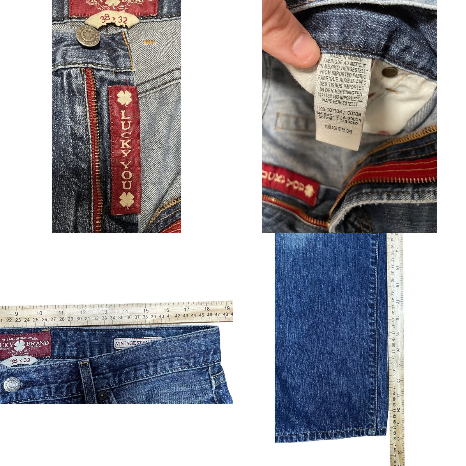 Lucky Brand VINTAGE Lucky Brand Jeans Mens Blue Denim Straight Leg 38x32 5-Pocket Belt Loops Regular Fit Stained Denim Pants Size US 38 / EU 54 - 8 Thumbnail