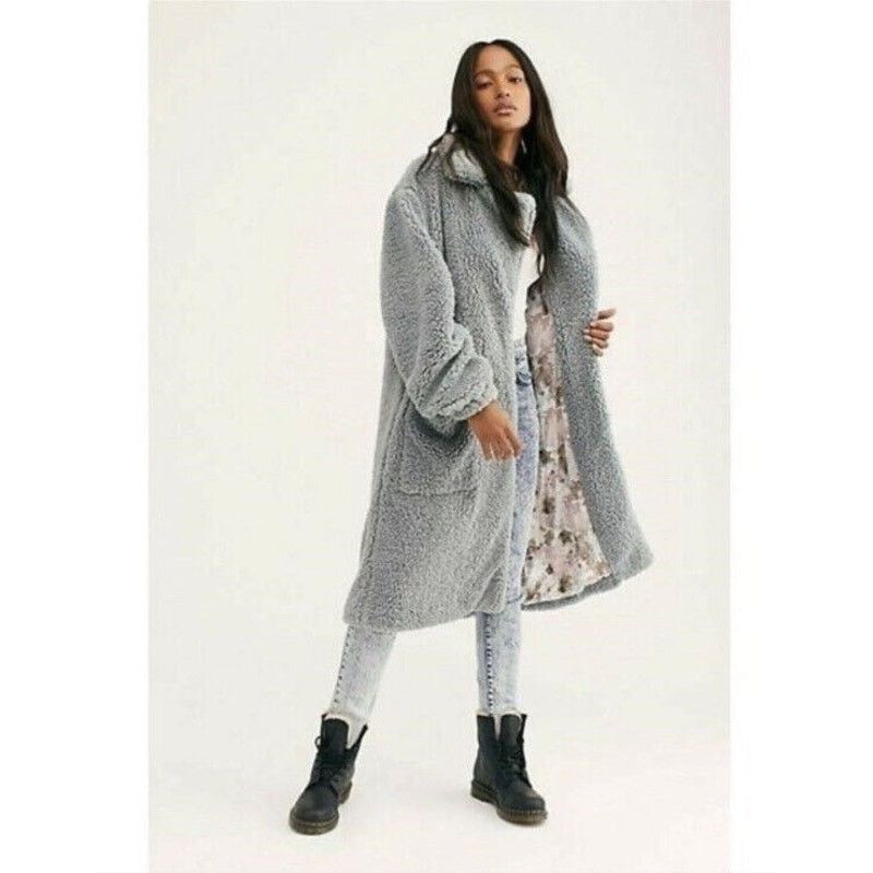 Free People Free People Small Tessa Gray blue Longline Fuzzy Teddy Coat Size S / US 4 / IT 40 - 1 Thumbnail