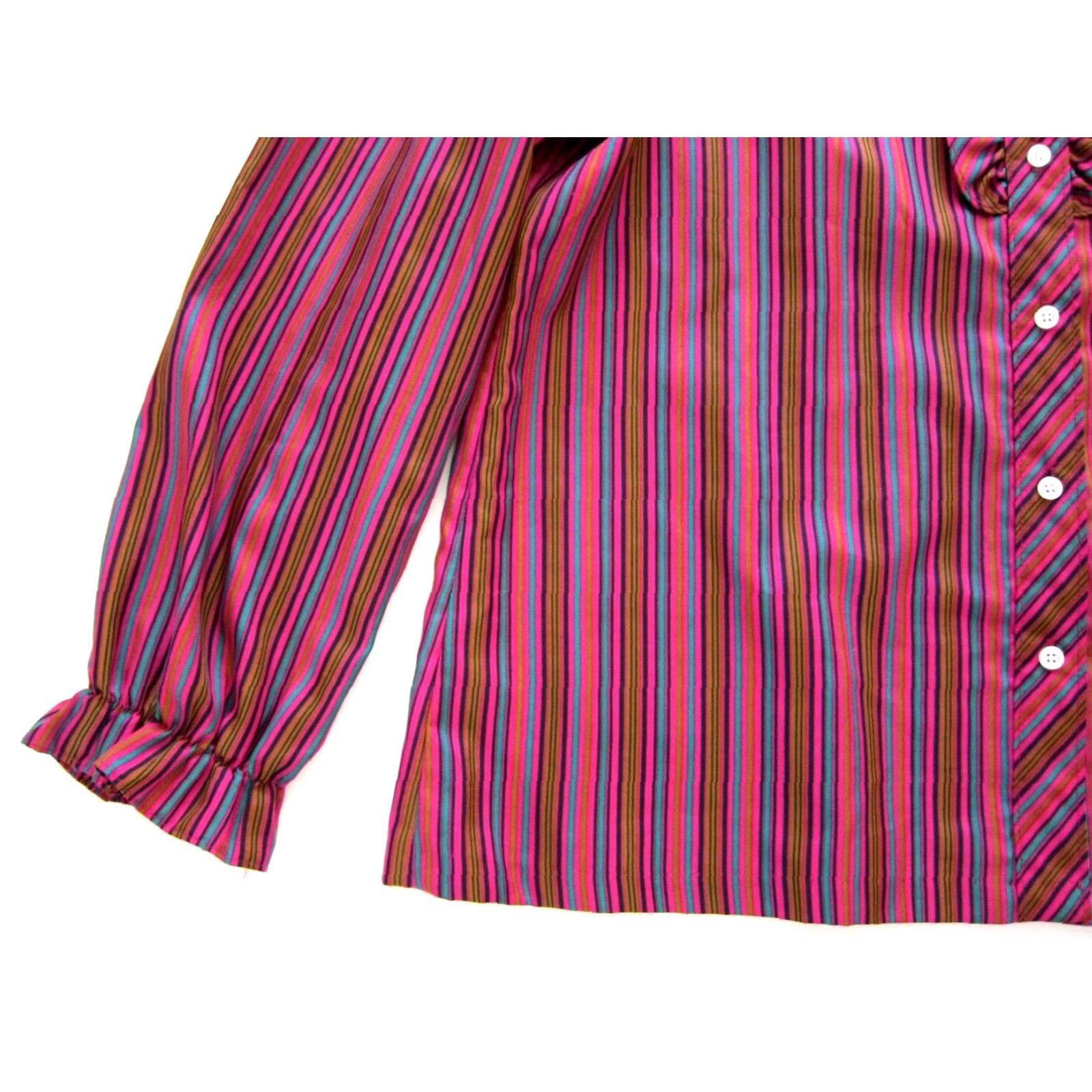 Vintage VINTAGE Lucky Me Pink Blouse Striped High Neck Long Sleeve Ruffle Button Large Women Size L / US 10 / IT 46 - 8 Thumbnail