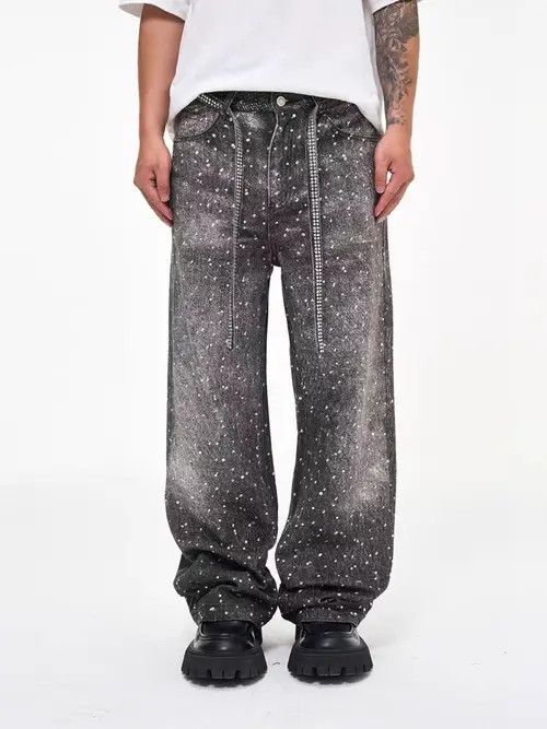 Japanese Brand VIBE High Street Rhinestone Design Loose Straight Jeans Size US 34 / EU 50 - 2 Thumbnail